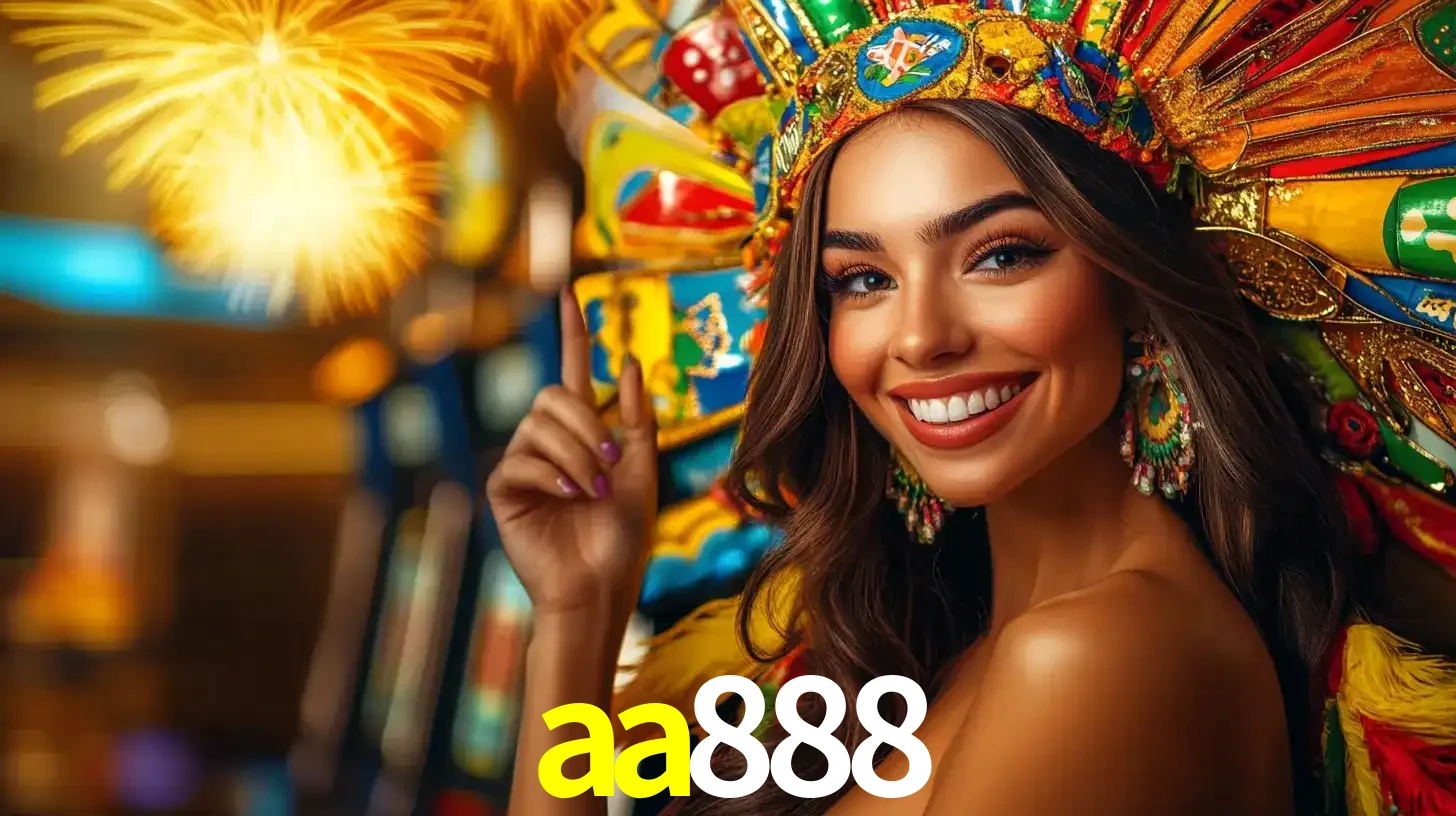 Mulher sorridente com um cocar de carnaval vibrante e colorido, celebrando uma grande vitória nos jogos do cassino aa888 com fogos de artifício ao fundo.