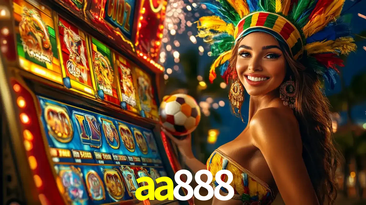 Mulher com um cocar de carnaval ao lado de uma máquina de caça-níqueis enquanto segura uma bola de futebol, mostrando a união da diversão de cassino e esportes no aa888.