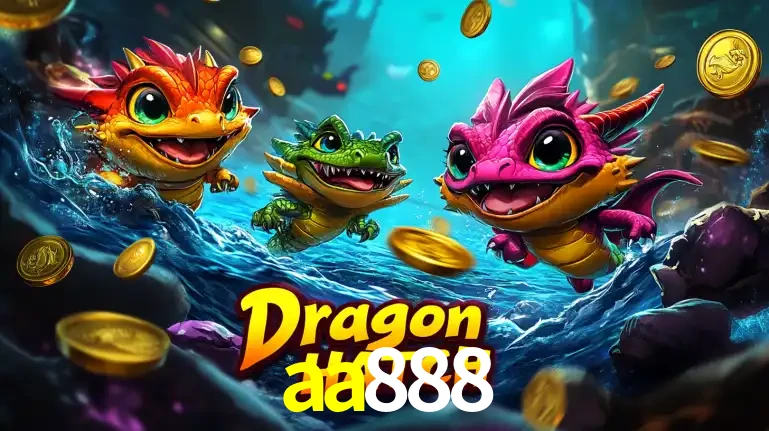 Arte promocional do jogo Dragon Hatch com três adoráveis dragões bebês nadando entre moedas de ouro, um dos slots mais divertidos para jogar no cassino aa888.