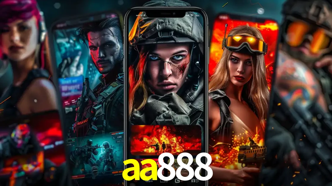 Montagem de telas de celular mostrando diversos personagens, masculinos e femininos, de um jogo de tiro, ilustrando a diversidade de equipes de e-sports para apostar no aa888.