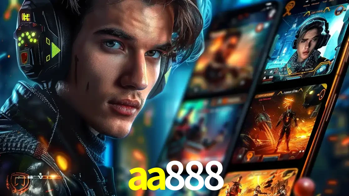 Jovem jogador com fones de ouvido olhando para a câmera, com um aplicativo de jogos e e-sports para celular ao fundo, pronto para a competição e apostas no aa888.