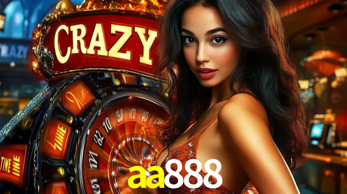 Mulher glamourosa olhando para a câmera com a roda vermelha do Crazy Time ao fundo em um ambiente de cassino, destacando a emoção dos jogos ao vivo no aa888.