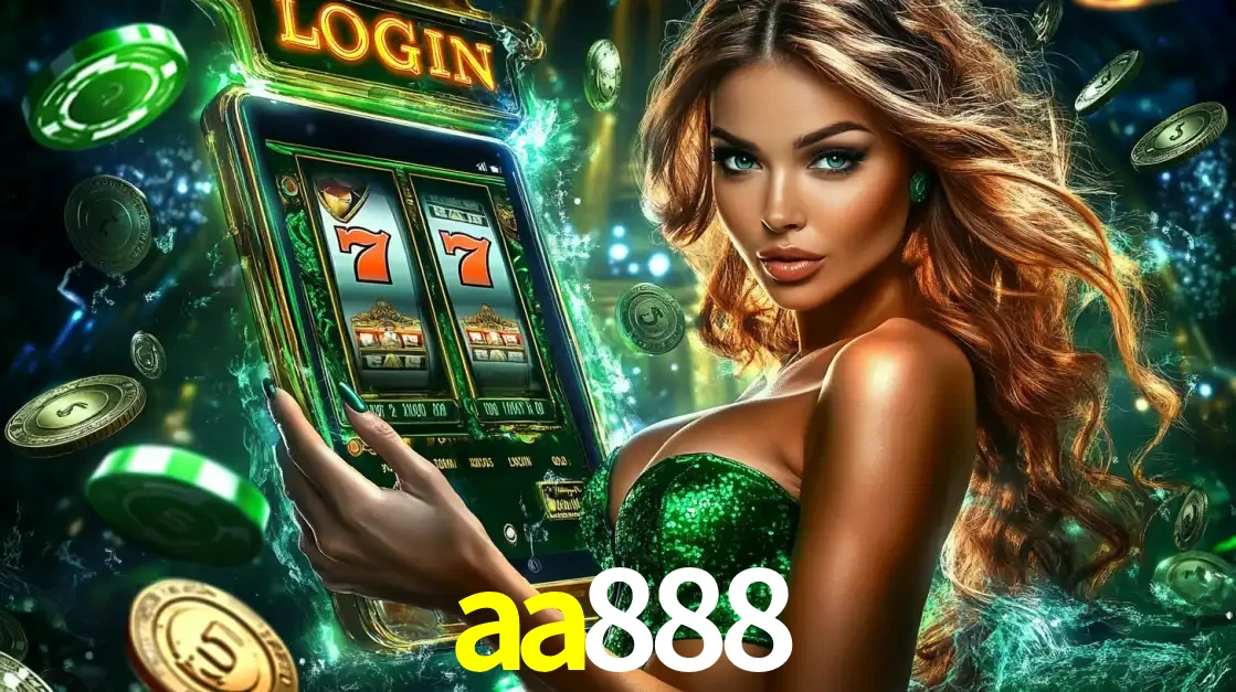 Mulher com tema verde apresentando o aplicativo do cassino aa888 com um jogo de slot de 777, cercada por fichas de cassino e uma aura de sorte.