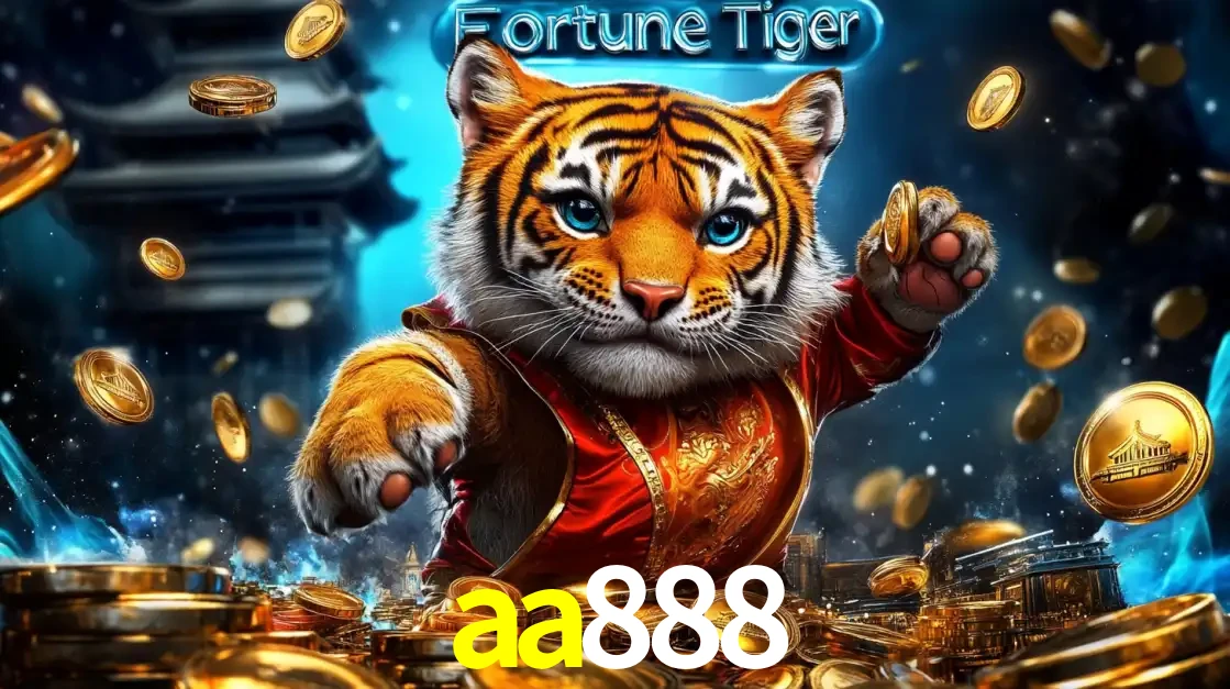 Imagem promocional do jogo de slot Fortune Tiger, com um tigre majestoso em traje tradicional cercado por uma fortuna em moedas de ouro, disponível agora no cassino aa888.