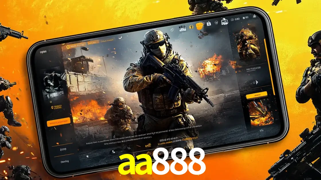 Um smartphone exibindo a interface de um jogo de tiro em primeira pessoa, com um soldado em um cenário de batalha, representando a ação dos e-sports para apostar no aa888.