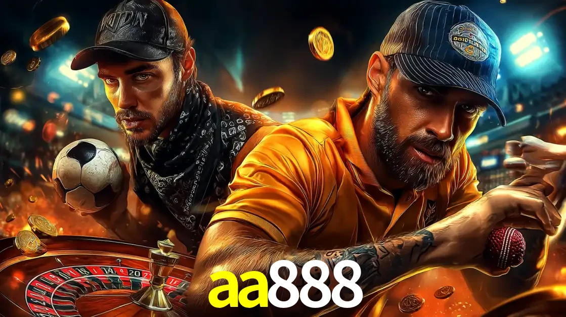 Montagem de apostas esportivas e cassino no aa888, com um homem segurando uma bola de futebol e outro uma de beisebol sobre uma roleta e moedas voadoras.