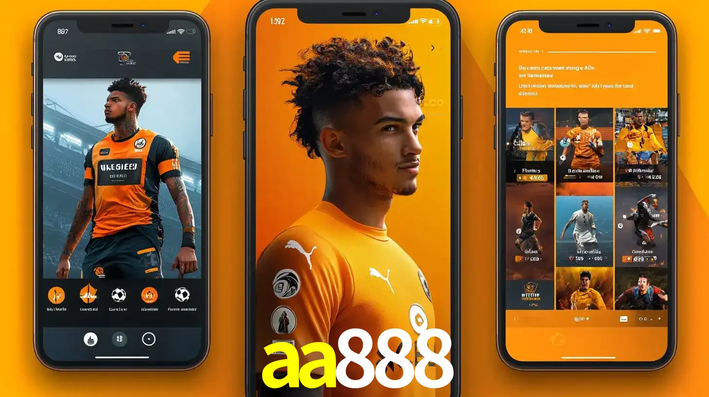 Interface do aplicativo de apostas esportivas aa888 em três telas de celular, mostrando o perfil de um jogador de futebol e a lista de jogos disponíveis para apostar.