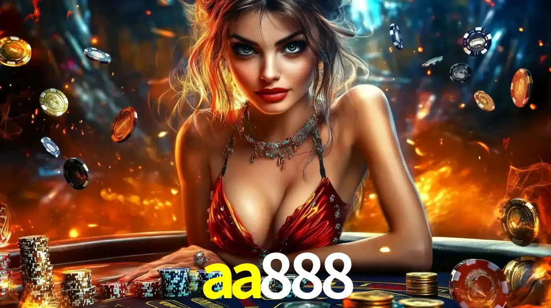 Mulher em uma mesa de cassino com pilhas de fichas e um fundo de fogo, pronta para uma rodada de altas apostas nos jogos de mesa emocionantes do cassino aa888.