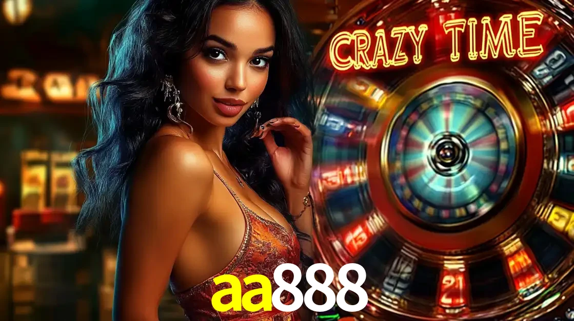 Mulher elegante ao lado da vibrante roda da fortuna do jogo de cassino ao vivo Crazy Time, um dos game shows mais populares e cheios de prêmios do aa888.