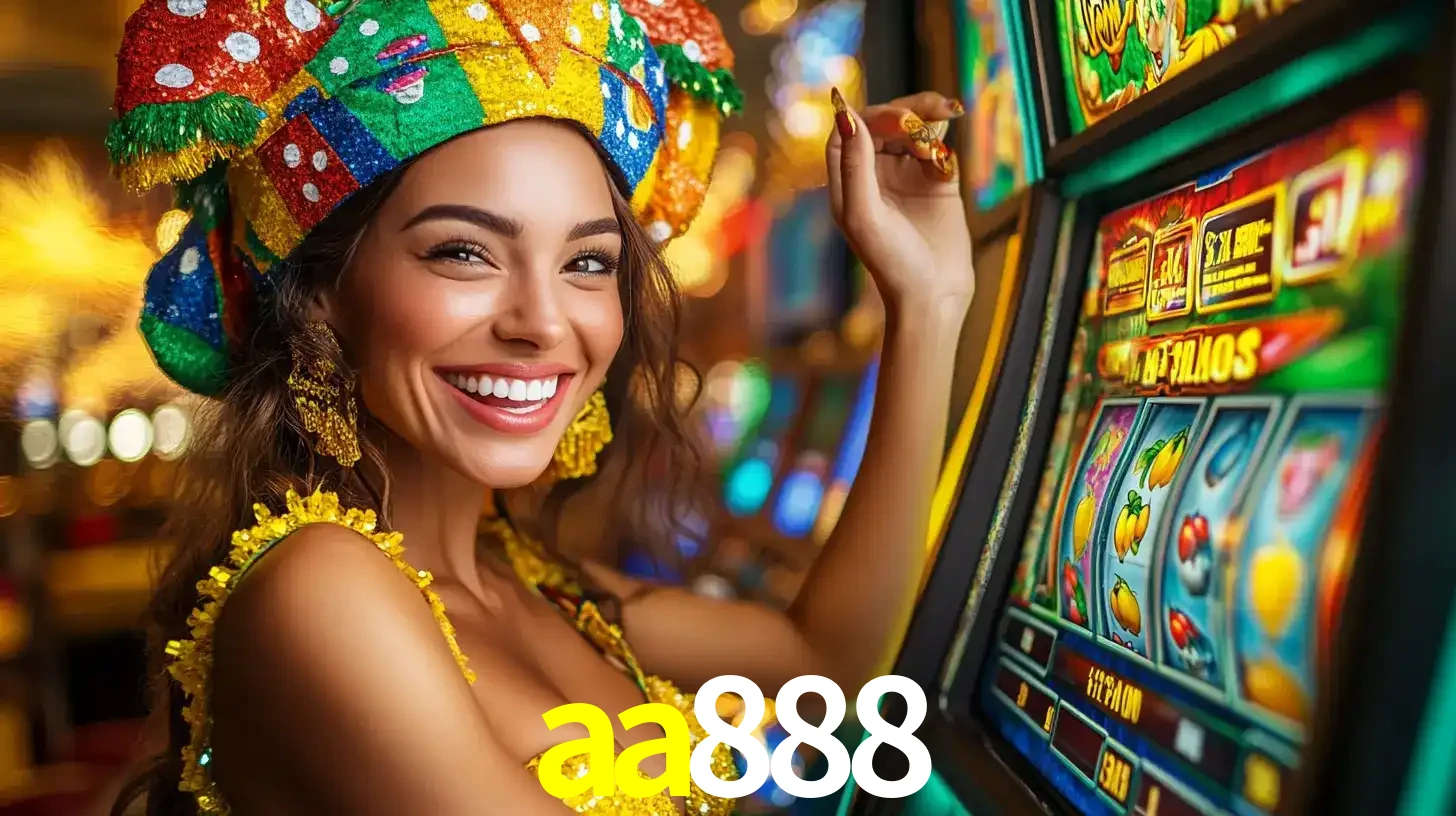 Mulher feliz com traje de carnaval amarelo e colorido ao lado de uma máquina de caça-níqueis, aproveitando a diversão e os jogos temáticos do cassino aa888.