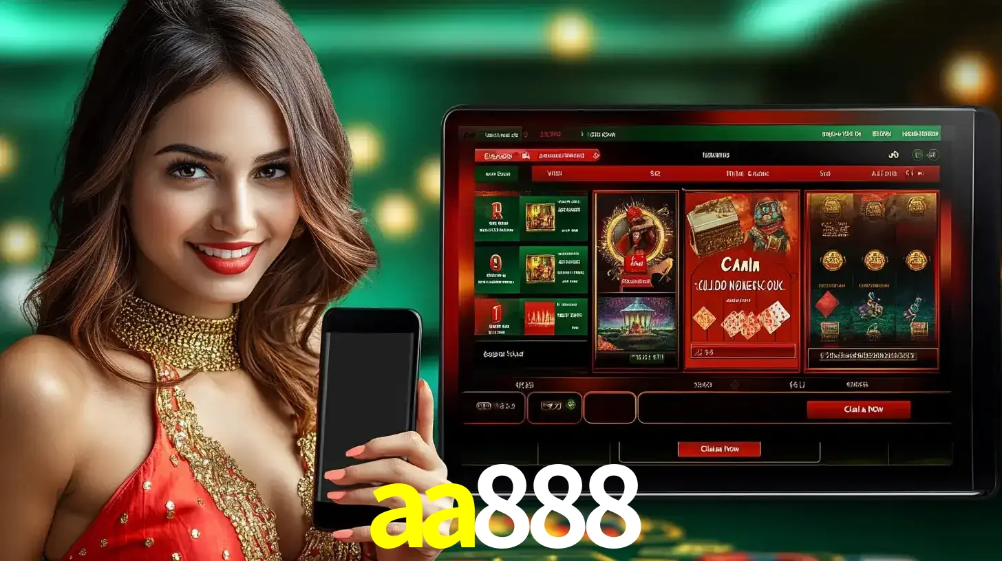 Mulher sorridente segurando um smartphone, ao lado de uma tela exibindo o lobby de jogos do cassino online aa888, com várias opções de jogos de cartas e slots.